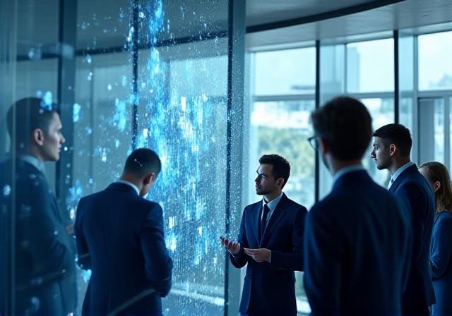 Team of professionals analyzing data in a bright, airy office space