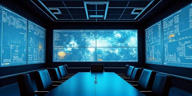 A sleek boardroom with digital screens showing weather patterns and business charts
